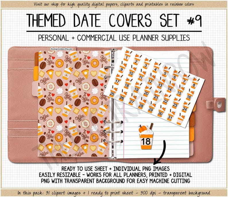 SALE Pumpkin Spice Latte Date Covers Starbucks fall clipart Coffee date dot printable digital sticker cute Thanksgiving clipart 1-31 number image 1