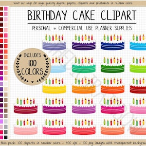 VENDITA 100 clipart TORTA DI COMPLEANNO Adesivi per pianificatore di torte arcobaleno Adesivi stampabili per compleanno Clipart di candele Grafica di compleanno Icona di torta nuziale immagine 1