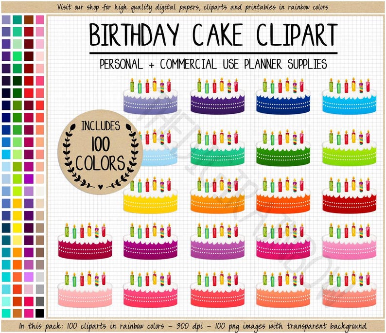 VENDITA 100 clipart TORTA DI COMPLEANNO Adesivi per pianificatore di torte arcobaleno Adesivi stampabili per compleanno Clipart di candele Grafica di compleanno Icona di torta nuziale immagine 1