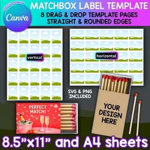 Szablon etykiety na pudełko zapałek, edytowalna naklejka Canva na pudełko zapałek, spersonalizowane pudełko zapałek, książeczka zapałek SVG, szablon etykiety do druku 8,5" x 11" i A4