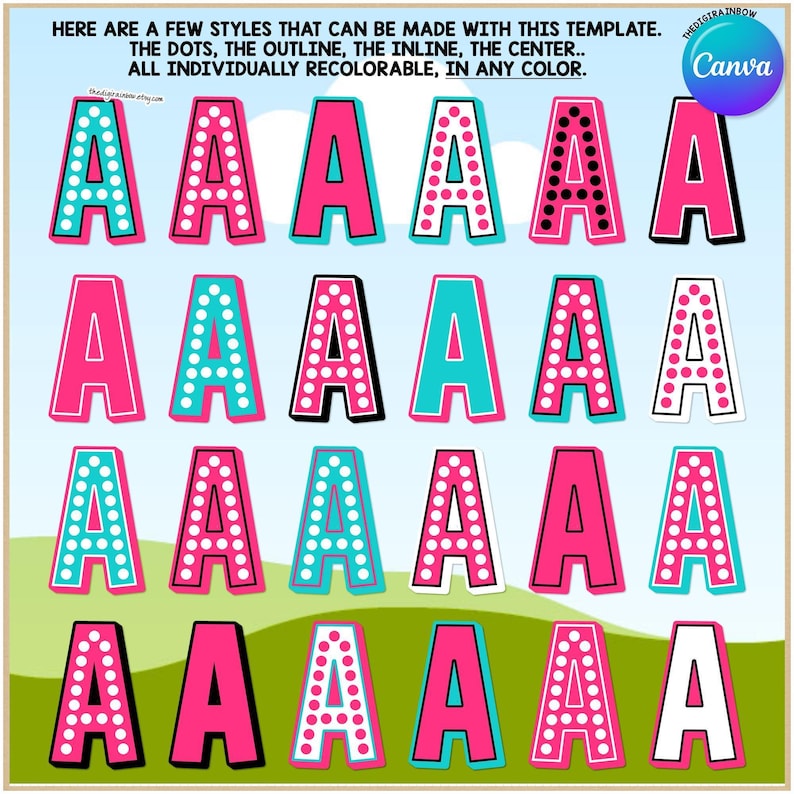 EDITABLE CANVA Dot Alphabet Template Bold Retro Letters Block Marquee font Any Color customizable commercial use t-shirt sublimation design image 2