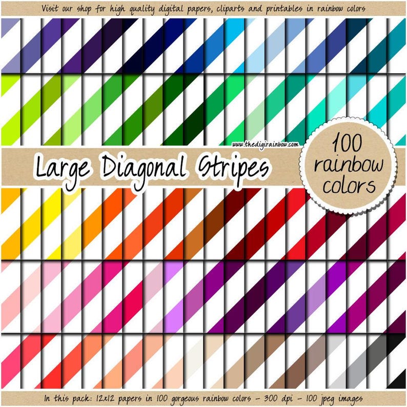 100 SEAMLESS Big Diagonal Stripes Digital Paper Lrainbow Stripes ...