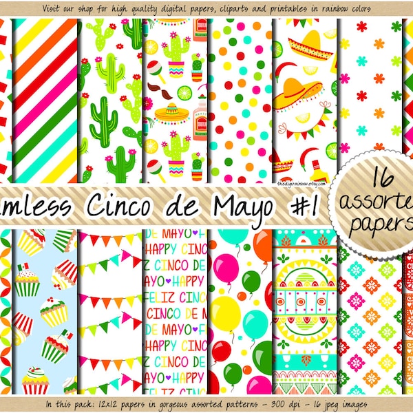 SALE Cinco de Mayo digital papers Cinco de Mayo clipart Fiesta digital paper Cinco de mayo stickers pinata cactus sombrero pepper tequila