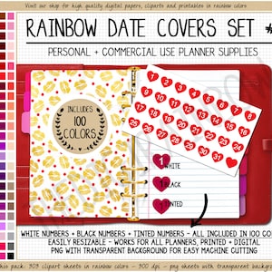 PAQUETE 300 pegatinas con forma de corazón y fecha, clipart de corazón de arcoíris, imprimible, con puntos de fecha, para cubrir, clipart de números del 1 al 31, planificador digital brillante, calendario