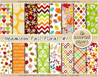 SEAMLESS Fall digital paper Pumpkin Spice background Thanksgiving pattern Harvest printable scrapbook red green yellow brown orange clipart