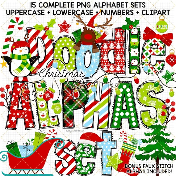 Christmas Doodle Alphabet Red and Green Plaid Letters Coquette Reindeer PNG sublimation Santa Hat Tree Sleigh Stocking Candy Cane clipart