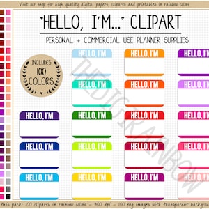 SALE 100 druckbare Hello I AM Tag Regenbogen leere Namensmarke Präsentation Aufkleber helle Farben Pastellfarben digitaler Aufkleber Hello My Name Is