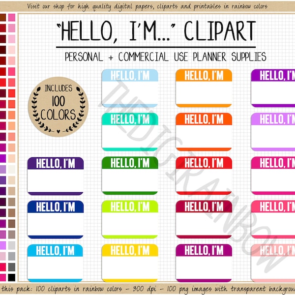 SALE 100 Printable Hello I AM tag rainbow blank Name Label presentation sticker bright colors pastel colors digital sticker Hello My Name Is
