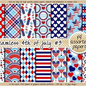 SALE Fourth of July digital paper seamless USA patriotic pattern Veteran clipart red blue plaid star stripe heart sticker fireworks polka