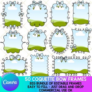 50 Coquette Bow Frame Canva Vorlagen, bearbeitbares gewelltes Band, wunderliche Ränder, benutzerdefinierte Retro Sommer Sublimation trendiges T-Shirt Design Bundle