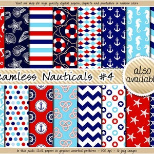 Seamless Nautical digital paper printable nautical pattern sea background navy blue red chevron polka dot stripes wave anchor seashell coral image 4