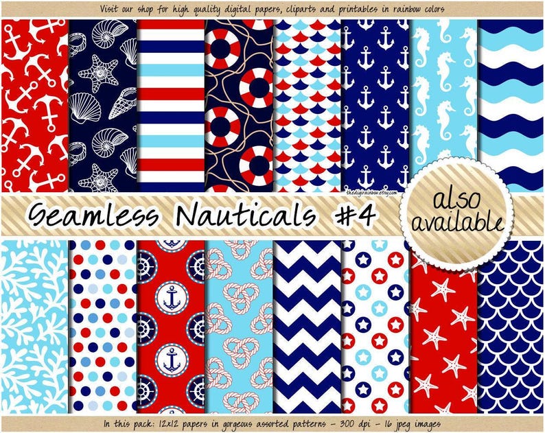 Seamless Nautical digital paper printable nautical pattern sea background navy blue red chevron polka dot stripes wave anchor seashell coral image 4