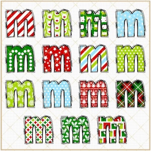Christmas Doodle Alphabet Red and Green Plaid Letters Coquette Reindeer PNG sublimation Santa Hat Tree Sleigh Stocking Candy Cane clipart image 3