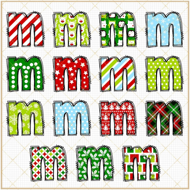 Christmas Doodle Alphabet Red and Green Plaid Letters Coquette Reindeer PNG sublimation Santa Hat Tree Sleigh Stocking Candy Cane clipart image 3