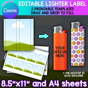 May include: An orange lighter with the text "YOUR DESIGN HERE" is displayed next to a lighter with a colorful polka dot pattern. The image also shows printable templates and the text "EDITABLE LIGHTER LABEL". The mockup is also included.
