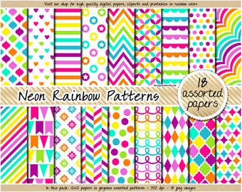 SALE rainbow digital paper neon digital paper bright planner stickers rainbow clipart polkadot chevron heart stripes quatrefoil star flags