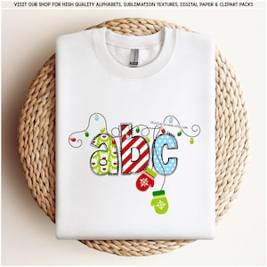 Christmas Doodle Alphabet Red and Green Plaid Letters Coquette Reindeer PNG sublimation Santa Hat Tree Sleigh Stocking Candy Cane clipart image 2