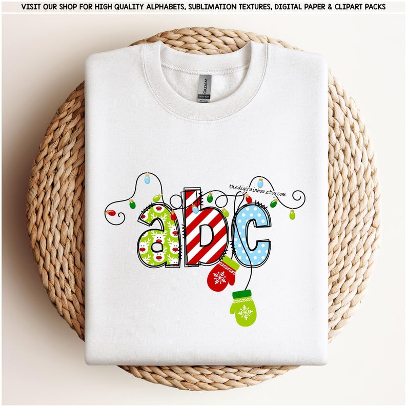 Christmas Doodle Alphabet Red and Green Plaid Letters Coquette Reindeer PNG sublimation Santa Hat Tree Sleigh Stocking Candy Cane clipart image 2
