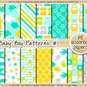 SALE digitaal papier babyjongen geel aquablauw digitaal papier babyshowerpapier babypatronen afdrukbare baby pasgeboren uitnodiging kwekerij print