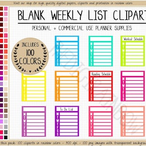 SALE 100 WEEKLY LIST full box planner clipart blank weekly full box task full box to do list rainbow planner clipart bright planner stickers