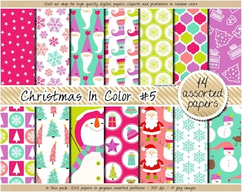 SALE christmas digital paper holiday digital paper snowman snowflake santa christmas tree present reindeer clipart in pink blue green purple