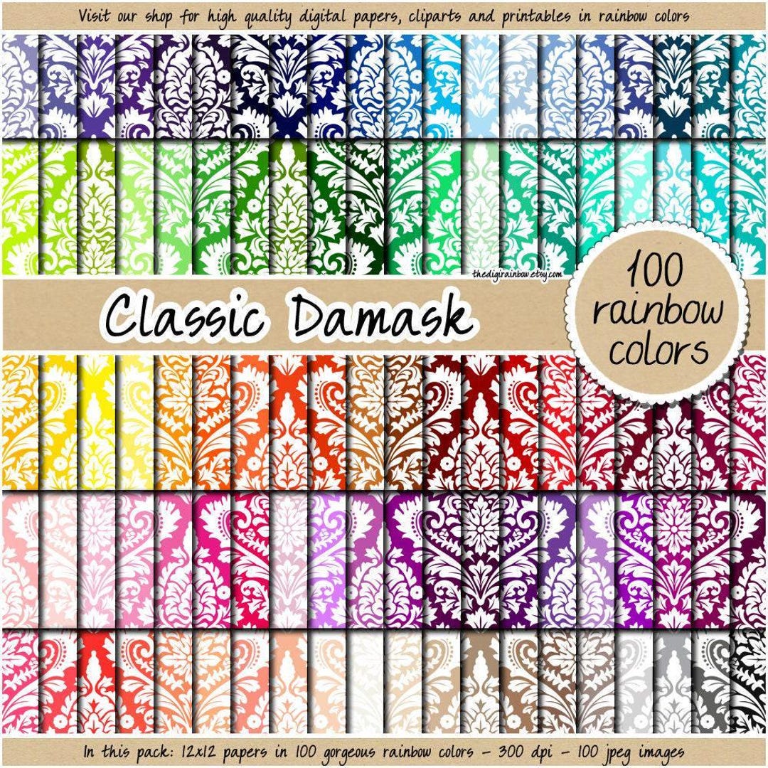 100 Damask Digital Paper Damask Clipart Rainbow Damask Pattern ...
