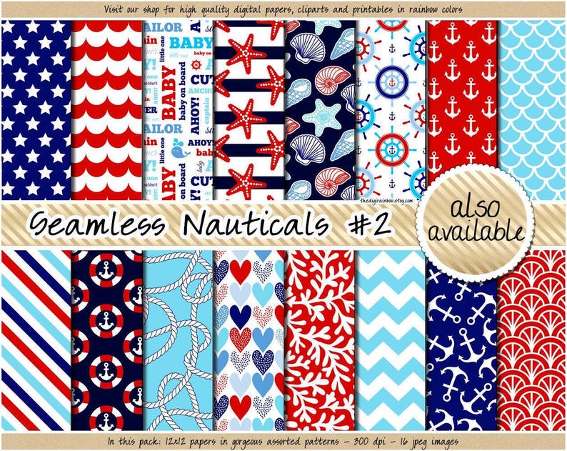 Seamless Nautical digital paper printable nautical pattern sea background navy blue red chevron polka dot stripes wave anchor seashell coral image 3