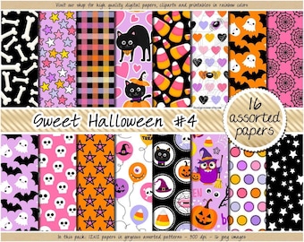 Halloween digital scrapbook paper Black Cat pattern Witch printable background spooky clipart ghost skull bat spider heart bones plaid
