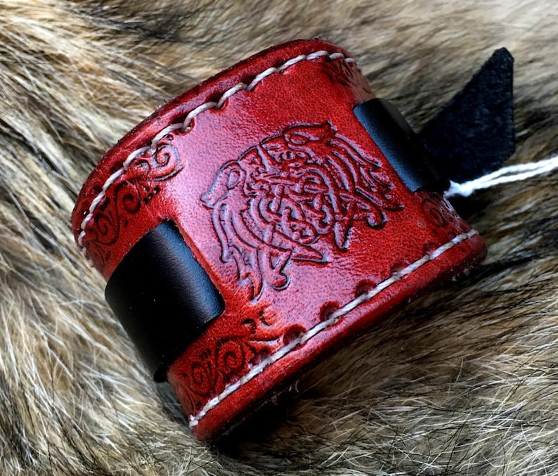 Deluxe Viking Wristband with Dragons Red