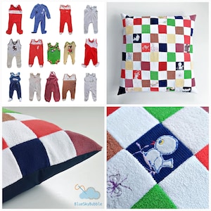 May include: A patchwork cushion made from recycled baby onesies. The cushion is made up of squares of different colours and patterns, including red, green, blue, and white. The cushion is a great way to upcycle old baby clothes and create a unique and personalised home decor item.