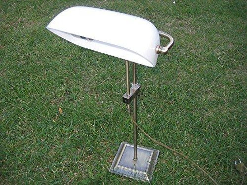 Desk banker lamp burnished brass tarnish-protected frosted glass screen *