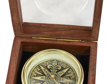 Brass Compass in wooden box-three-dimensional look *