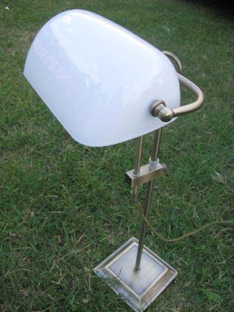 Desk banker lamp burnished brass tarnish-protected frosted glass screen *