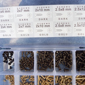 Può includere: Una scatola di contenimento in plastica trasparente con 10 scomparti pieni di viti dorate e scure. La scatola ha un'etichetta che recita "SCREWS 2x4 mm DARK GOLD" e "SCREWS 2x7 mm DARK GOLD" e "SCREWS 2x10 mm DARK GOLD" e "SCREWS 2.5x8 mm DARK GOLD" e "SCREWS 2.5x12 mm DARK GOLD".
