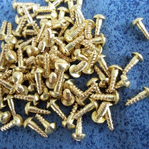 Miniature Hardware Parts Pack Small 2,5x8 mm solid brass wood screws with slotted round head.