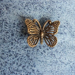 Puede incluir: Un objeto decorativo en forma de mariposa de color bronce. La mariposa tiene patrones de alas detallados y un cuerpo texturizado. El objeto se encuentra sobre un fondo azul texturizado, creando un contraste de color y textura.