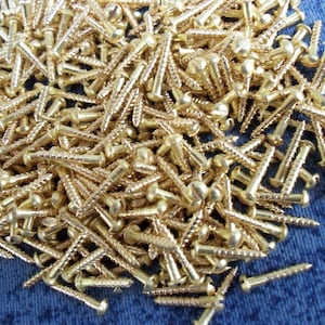Könnte beinhalten: Ein großer Haufen goldfarbener Schrauben mit runden Köpfen. Die Schrauben sind in einem zufälligen Muster angeordnet und alle gleich groß.