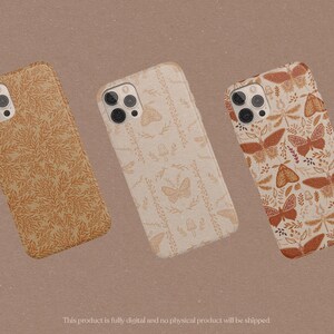 May include: Three phone cases with different designs featuring butterflies and floral patterns. The cases are beige with brown accents.