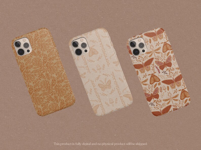 May include: Three phone cases with different designs featuring butterflies and floral patterns. The cases are beige with brown accents.