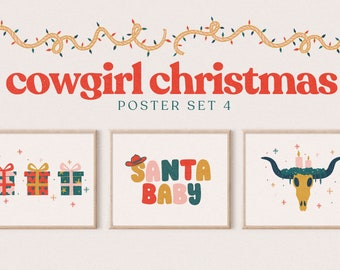 May include: Three printable posters with a Western Christmas theme. The first poster features three wrapped gifts with red, green, and pink designs. The second poster features the text "SANTA BABY" in colorful, stylized letters. The third poster features a skull with antlers and a wreath of greenery with candles on top.