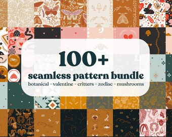 May include: A collage of 100+ seamless patterns in a variety of styles, including botanical, Valentine's Day, critters, zodiac signs, and mushrooms. The patterns are in a variety of colors, including pink, red, green, blue, and yellow.