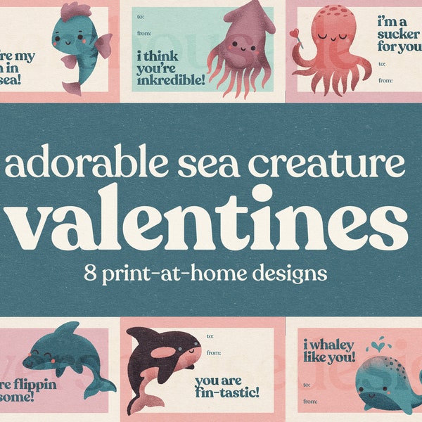 Sea Creature Valentines, 8 Printable Ocean Animal Valentine's Day Cards