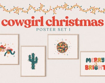 May include: A set of four framed art prints with a 'Cowgirl Christmas' theme. The prints feature illustrations of a cowgirl with antlers, a cactus with Christmas lights, a disco ball, and the words 'Merry & Bright'.