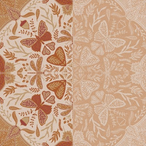 May include: A seamless pattern featuring a repeating design of butterflies, dragonflies, and floral elements. The pattern is in shades of brown and orange on a cream background.