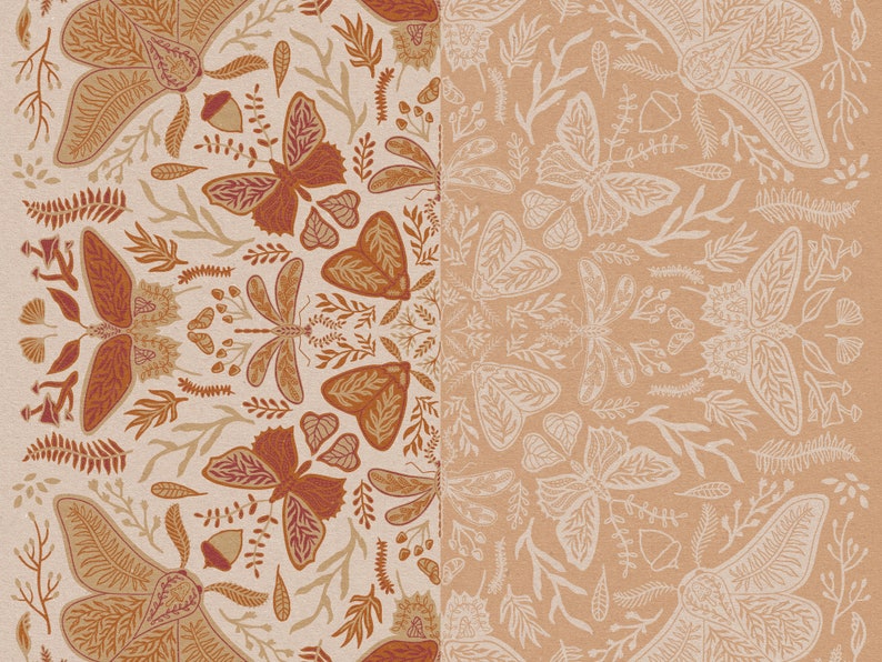 May include: A seamless pattern featuring a repeating design of butterflies, dragonflies, and floral elements. The pattern is in shades of brown and orange on a cream background.