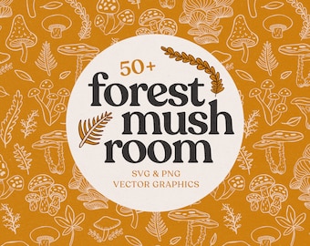 May include: A white circle with the text "50+ forest mush room" in black lettering and "SVG & PNG VECTOR GRAPHICS" in smaller black lettering. The circle is on a background of a repeating pattern of mushrooms and leaves in white on a yellow background.