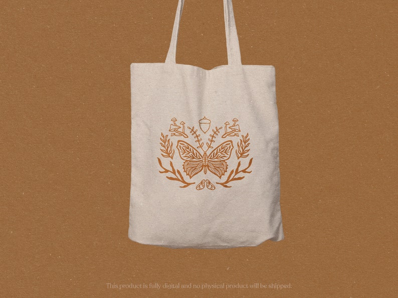 May include: A white tote bag with a brown butterfly and floral design. The design includes acorns, leaves, and mushrooms.