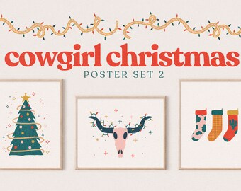 May include: Three printable posters with a cowgirl Christmas theme. The first poster features a green Christmas tree with gold lights and a star on top. The second poster features a pink cow skull with gold lights wrapped around the horns. The third poster features three Christmas stockings with different patterns: cow print, plaid, and a cactus.