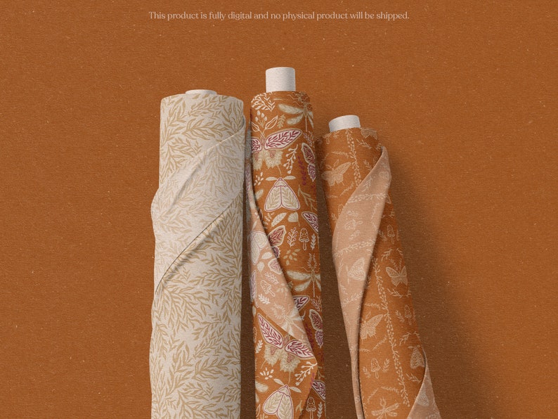 May include: Three fabric rolls with different patterns. The first roll has a beige background with a light brown leaf pattern. The second roll has a beige background with a brown, red, and white floral pattern. The third roll has a brown background with a white butterfly pattern.