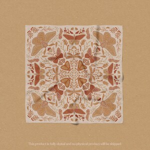 May include: A square, white fabric bandana with a repeating pattern of brown and orange moths, leaves, and flowers. The bandana has a slightly wrinkled appearance.